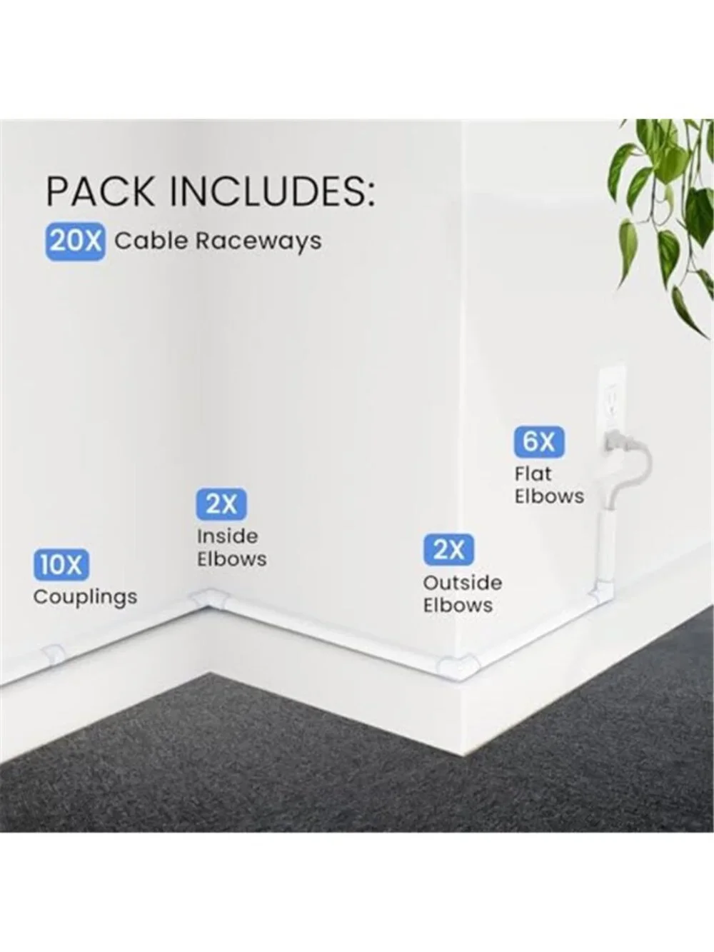 Cable Raceway Cord Hider Wall Wire Cover Cable Management Kit Paintable White